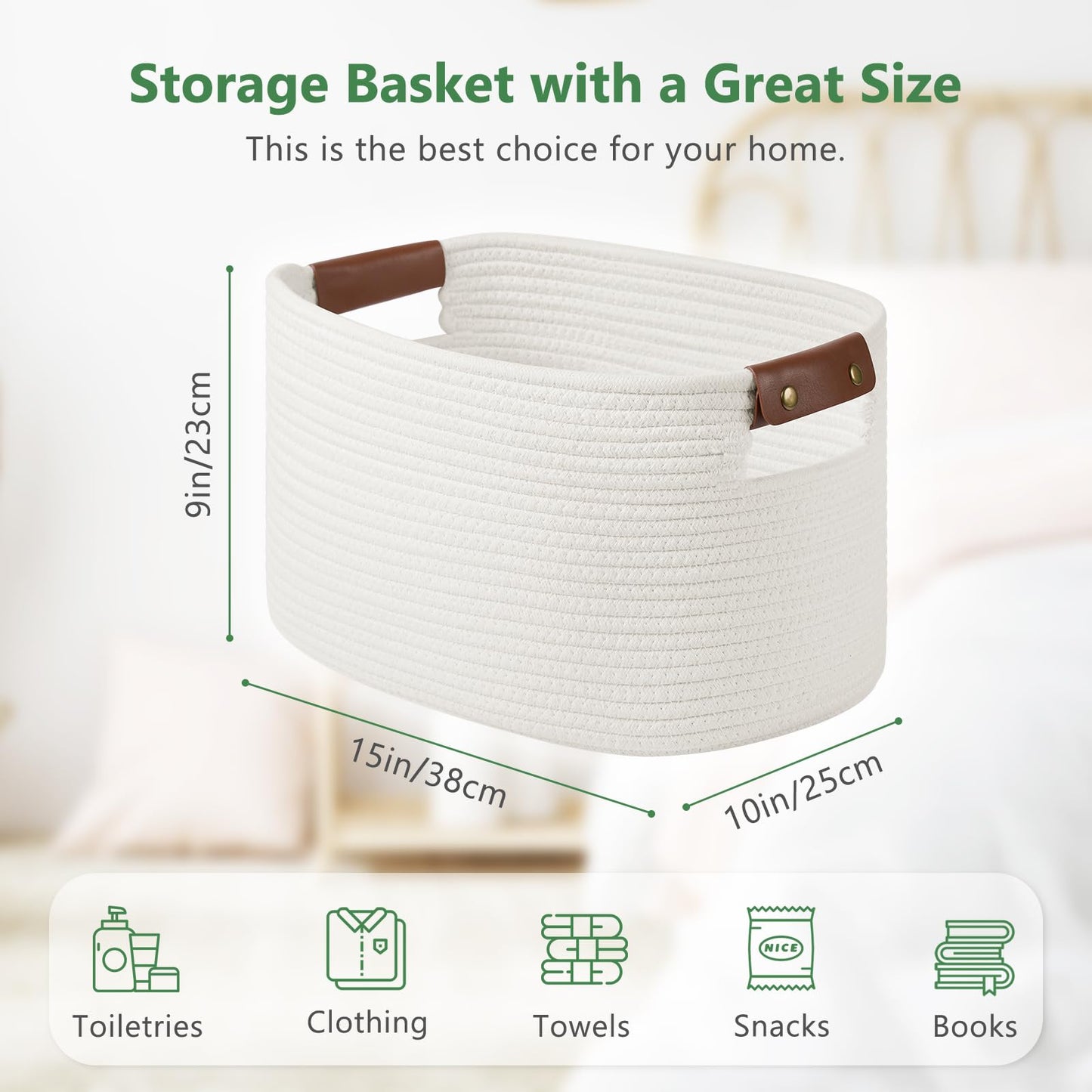 ECDYQXVU Cotton Rope Basket, Storage Baskets with Handle, 15x10x9 Inch Woven Basket for Shelves, Laundry, Towels, Clothes, Books (White 1Pack)