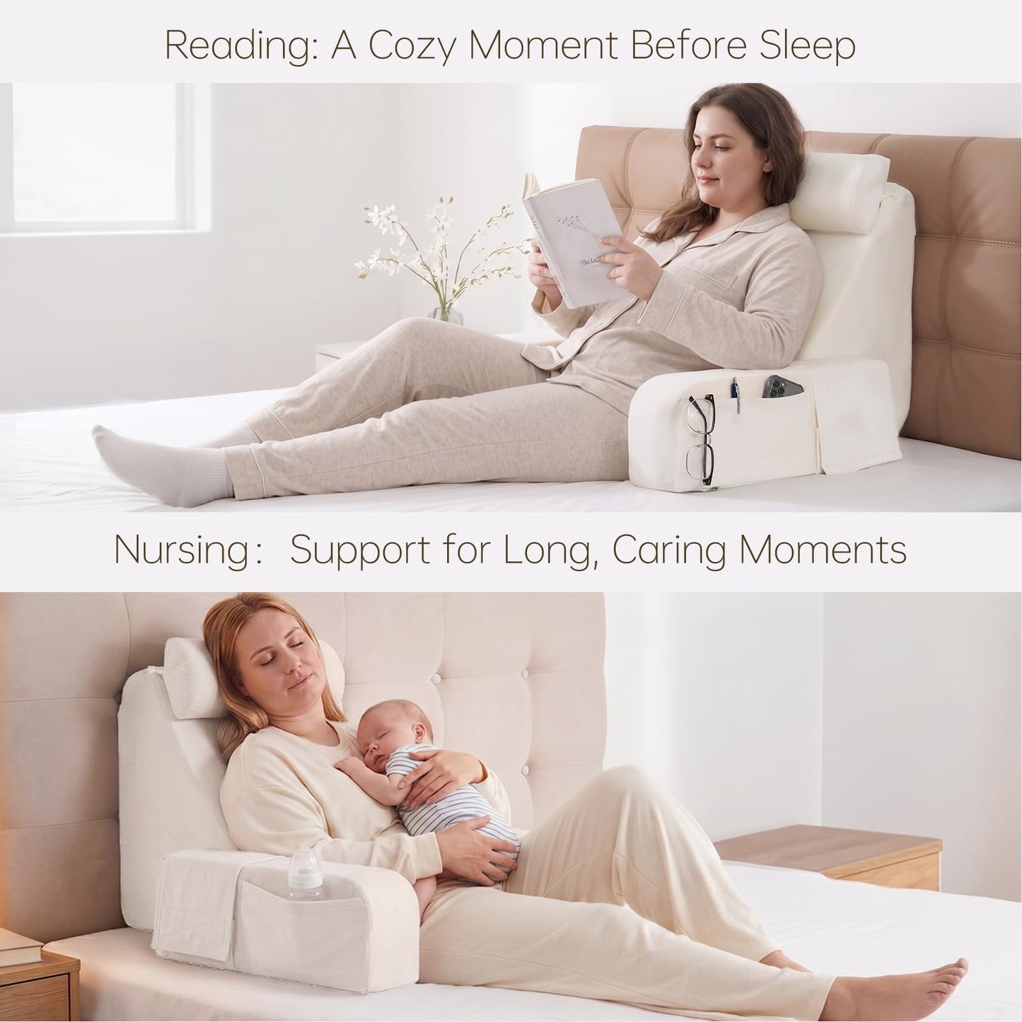 ENITYA 19" Back Pillow for Bed Sitting up, Big Pockets and Washable Removable Cover, Reading Chair for Watching TV/Reading/Gaming/Resting in Bed, Couch or Floor, Medium(Ivory)