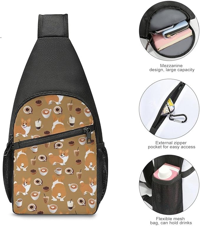 SWEET TANG Men's Crossbody Bags, Casual Daypacks Shiba Inu Coffee Print Dog And Coffees for Cycling and Travel, Fashion Sling Shoulder Backpack Square Rucksack with Small Pocket for Key Purse