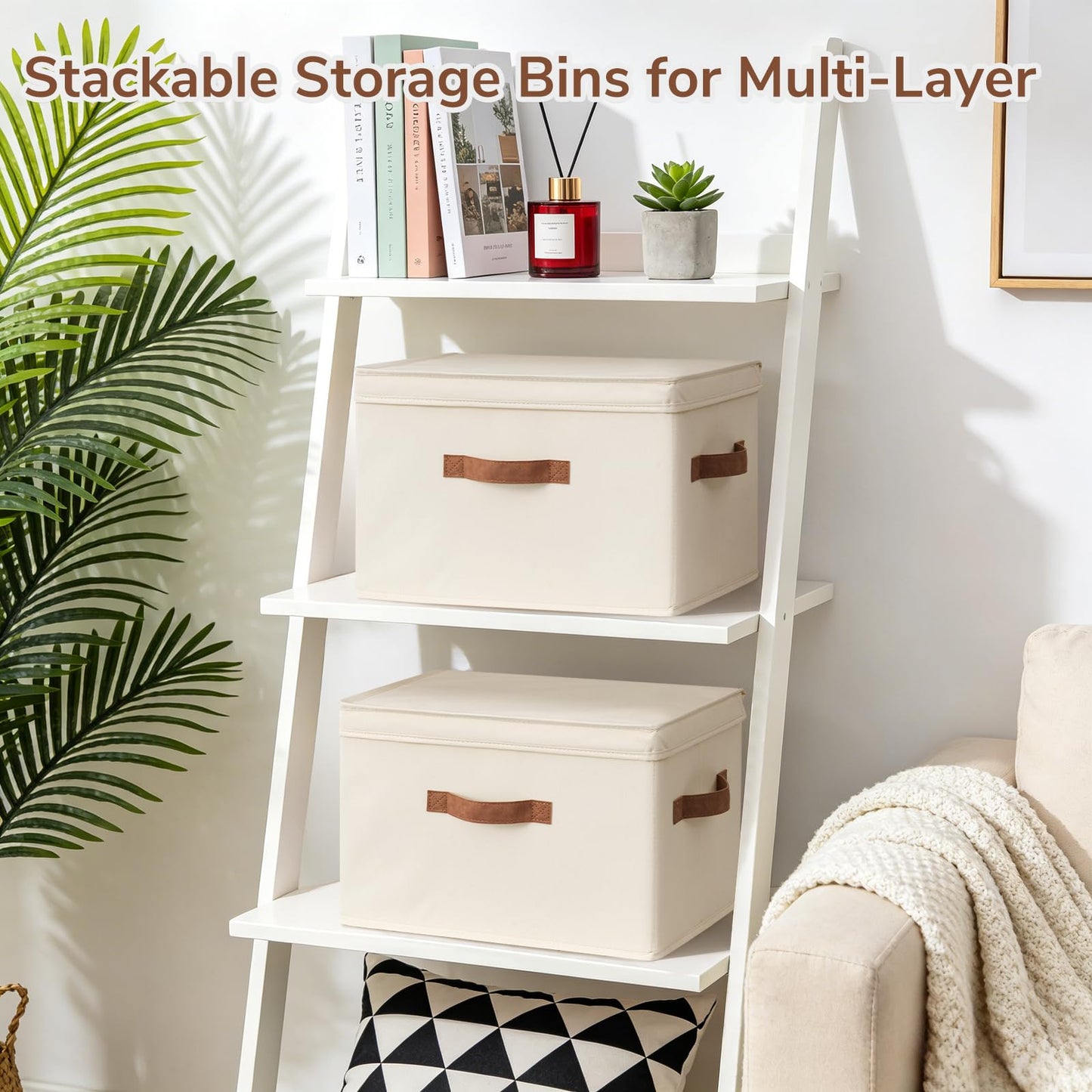 CHICVITA 4-Pack Closet Storage Organizer, Small Storage Bins with Lids, Closet Bins with Handles for Underbed, Ivory