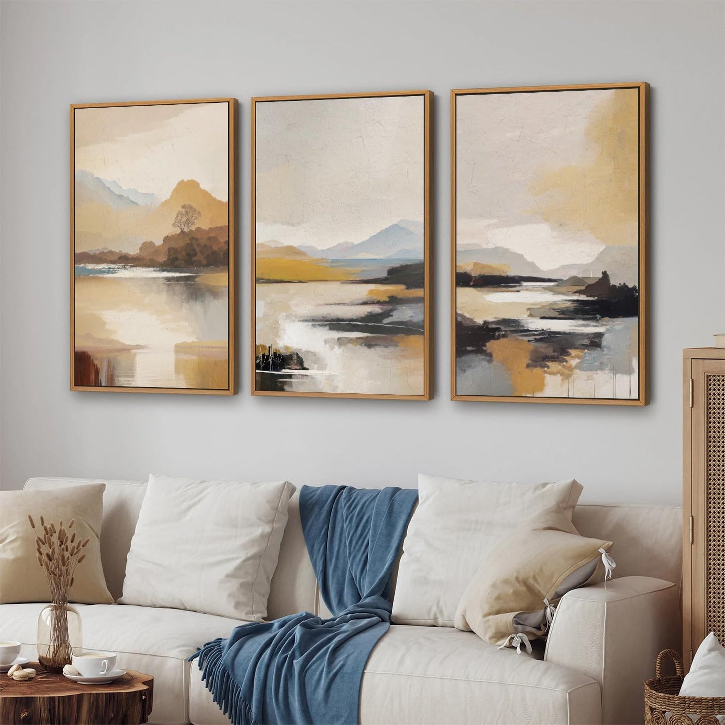 Tinonedraw Beige Abstract Mountain Framed Canvas Wall Art, Mid Century Modern Wall Decor, Rustic Golden Hour Lake Artwork, Neutral Nature Landscape Art Paintings for Living Room Bedroom 16"x24"x3