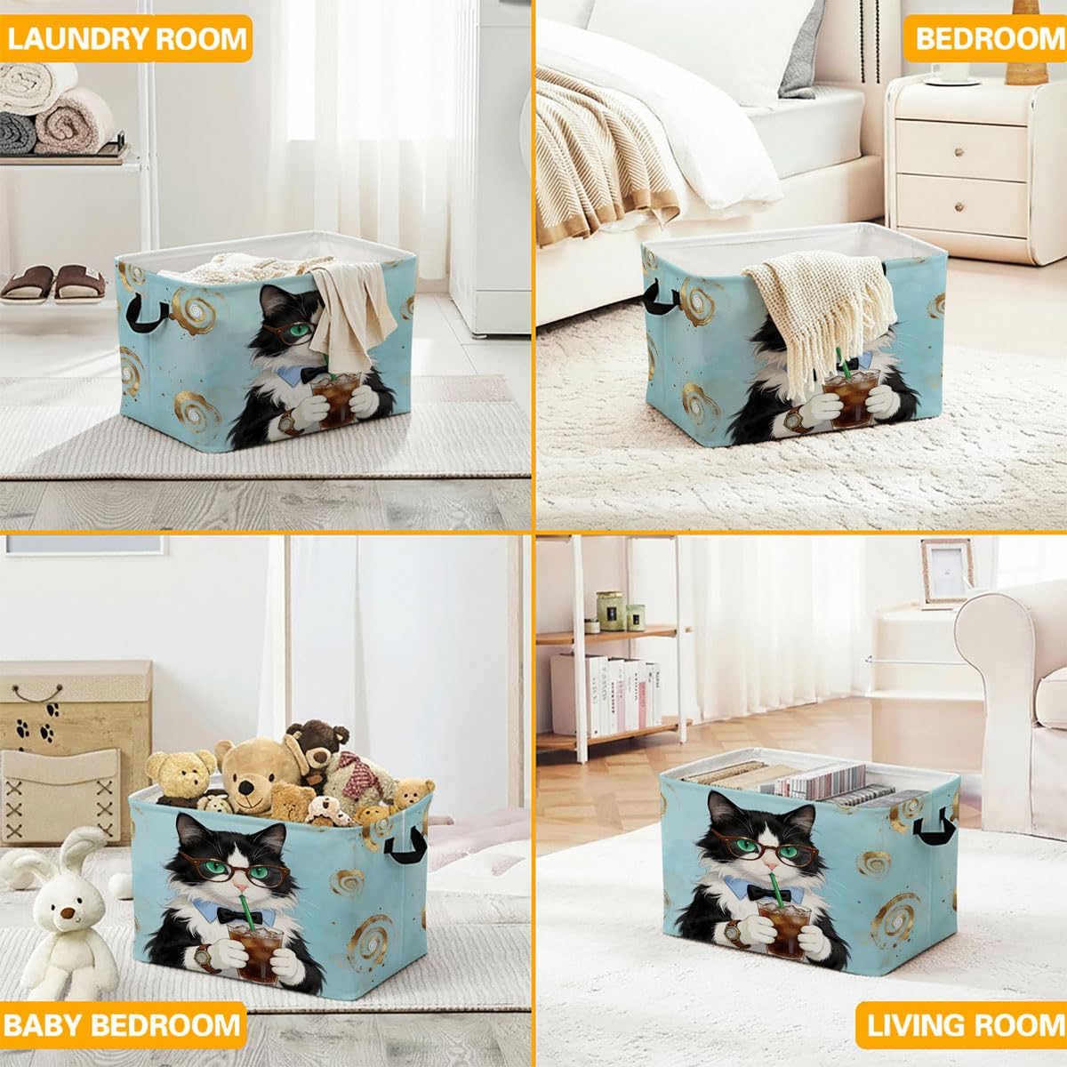 56L Cat Coffee Foldable Square Laundry Hamper with Handles – Large Clothes, Blanket & Toy Storage Basket for Home Organization.