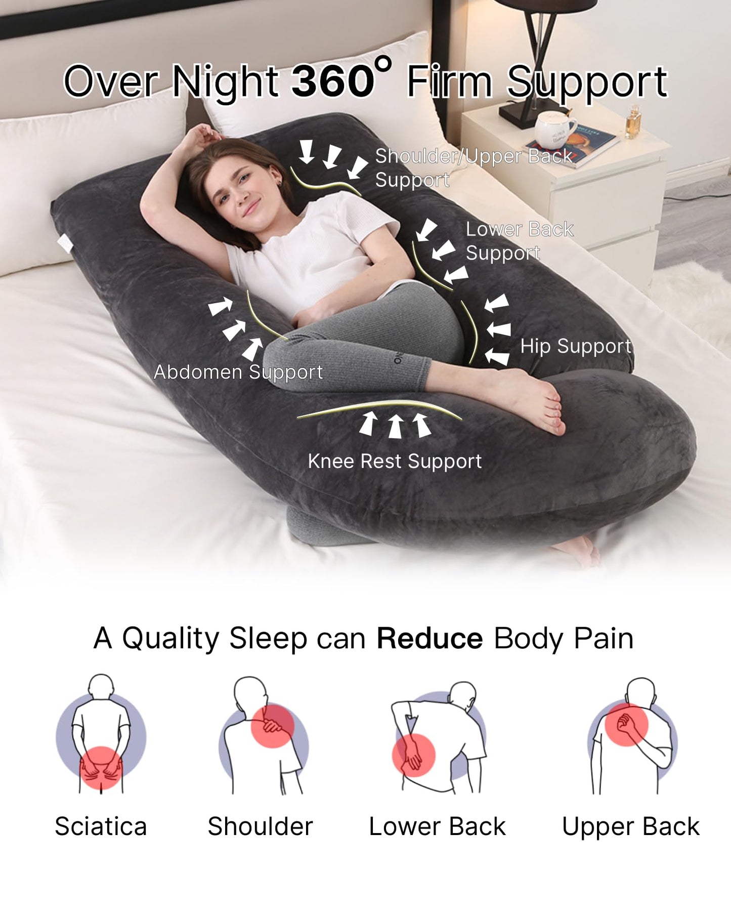 ALLOPERA 57 Inch Pregnancy Pillow for Sleeping, Full Body Support Pillow with Removable Washable Cover for Maternity Comfort, Black Grey Velvet Cover