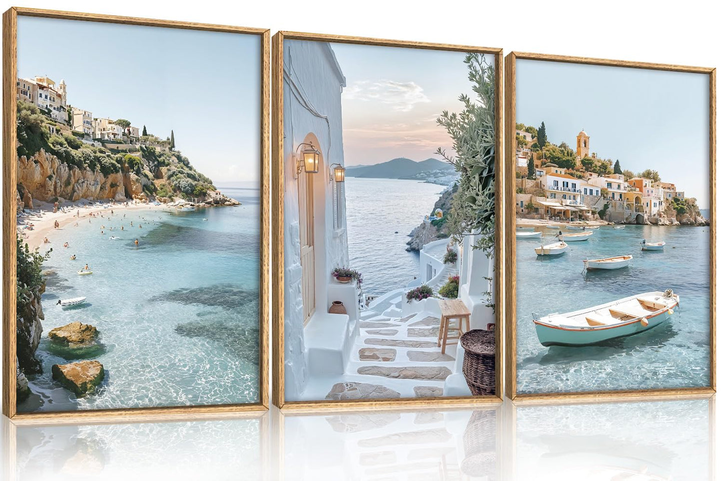 Aryroi Greek Island Coastal Framed Canvas Wall Art Set,Modern Mediterranean Whitewashed Architecture Scenery Wall Decor,Natural Blue Beach Boat Landscape Artwork for Living Room,Farmhouse- 24"x36"x3