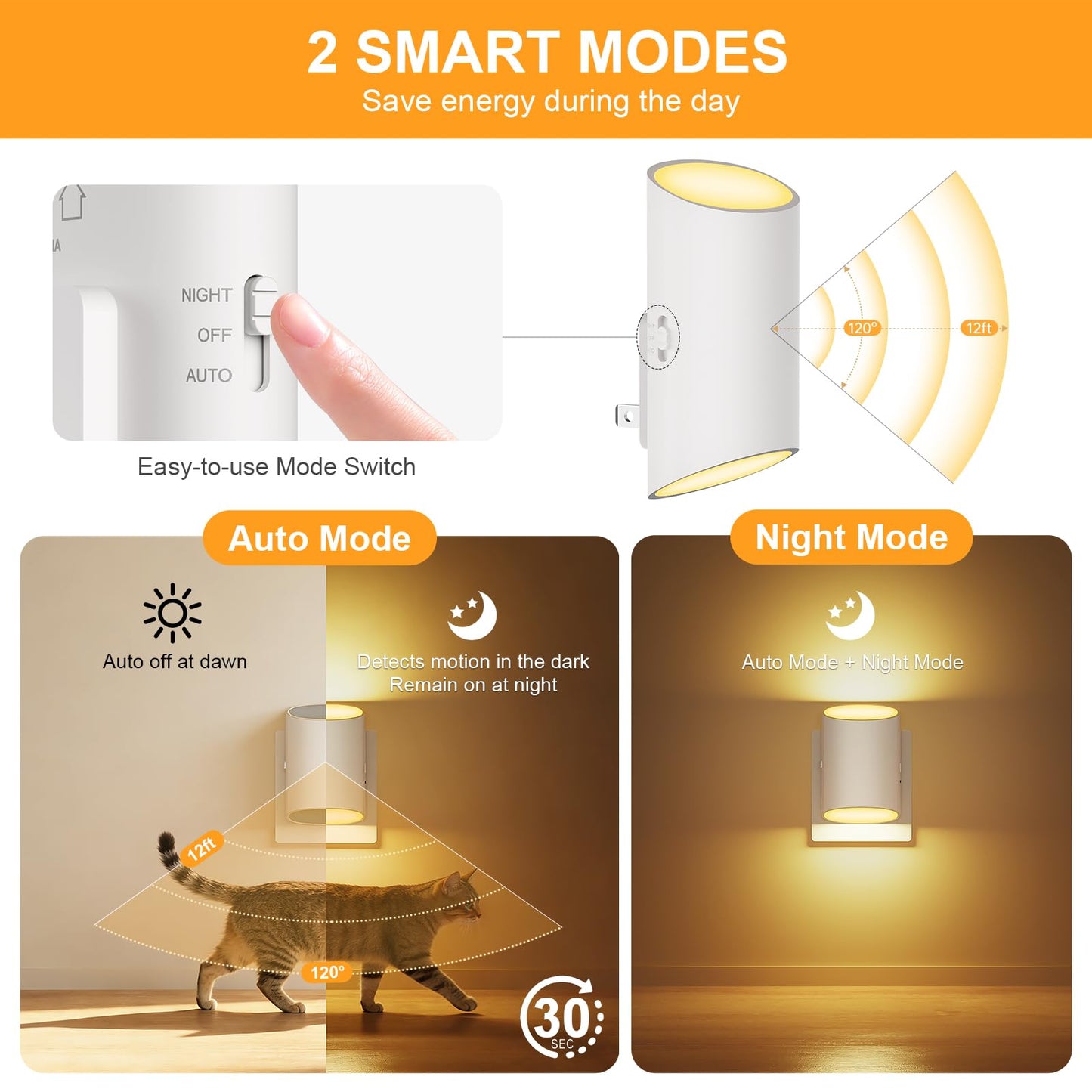 Fyrael Night Light Plug into Wall with Motion Sensor & Dusk to Dawn, Soft White LED 3000K, 7 Levels 1-100LM Adjustable Brightness, Auto Indoor Nightlight for Bedroom, Bathroom, Hallways,Stairs, 2-Pack
