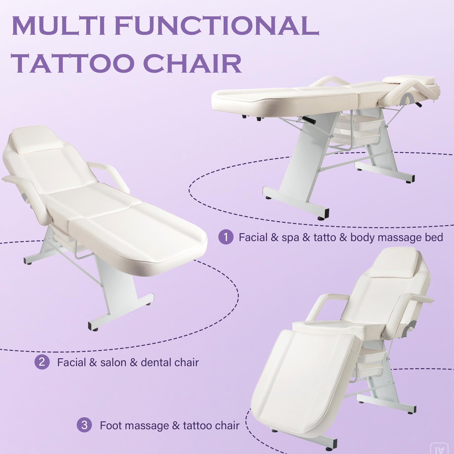 KIIUMI Tattoo Chair for Artists, Facial Esthetician Bed, Adjustable Beauty Bed with 2 Tray, Professional Piercing Chair with Hydraulic Rolling Stool, White