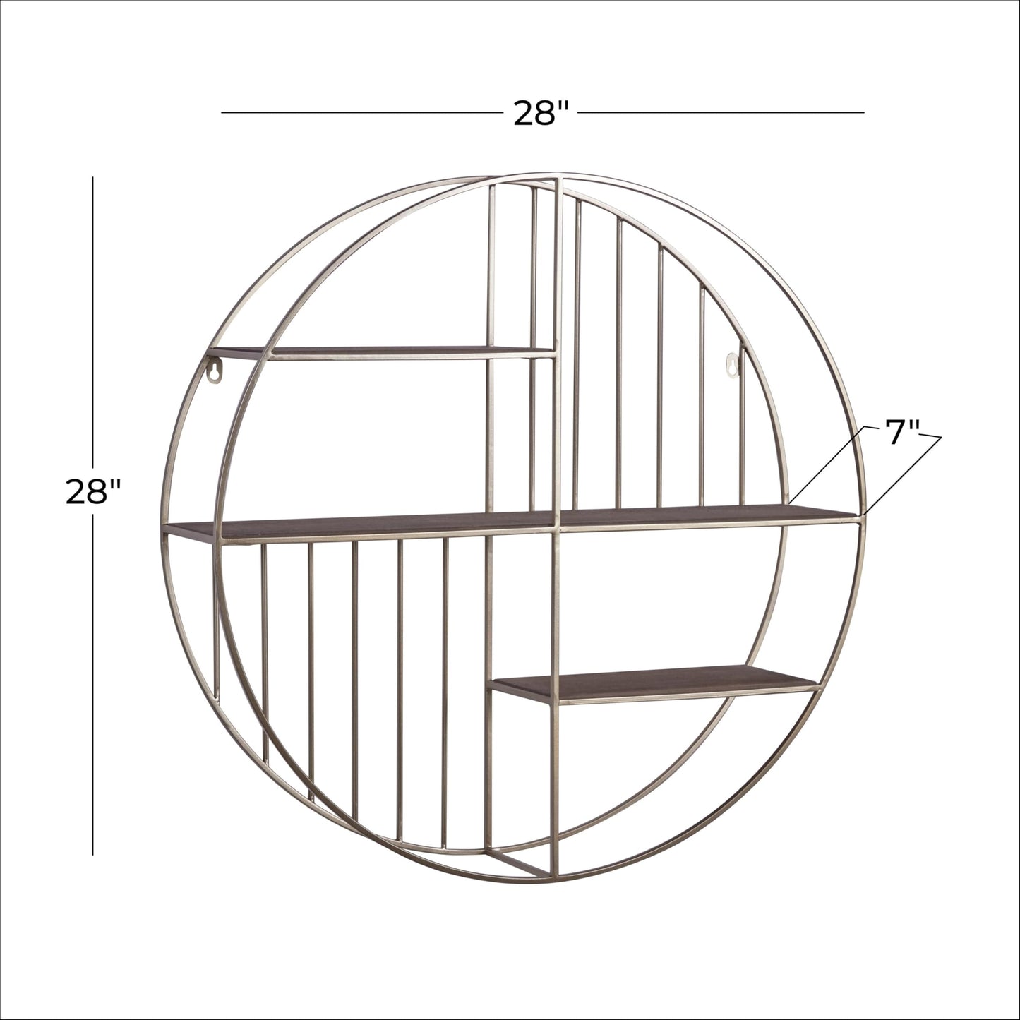 Deco 79 Metal Geometric Wall Shelf Circle with 3 Wood Shelves and Linear Rods, 28" x 7" x 28", Gold