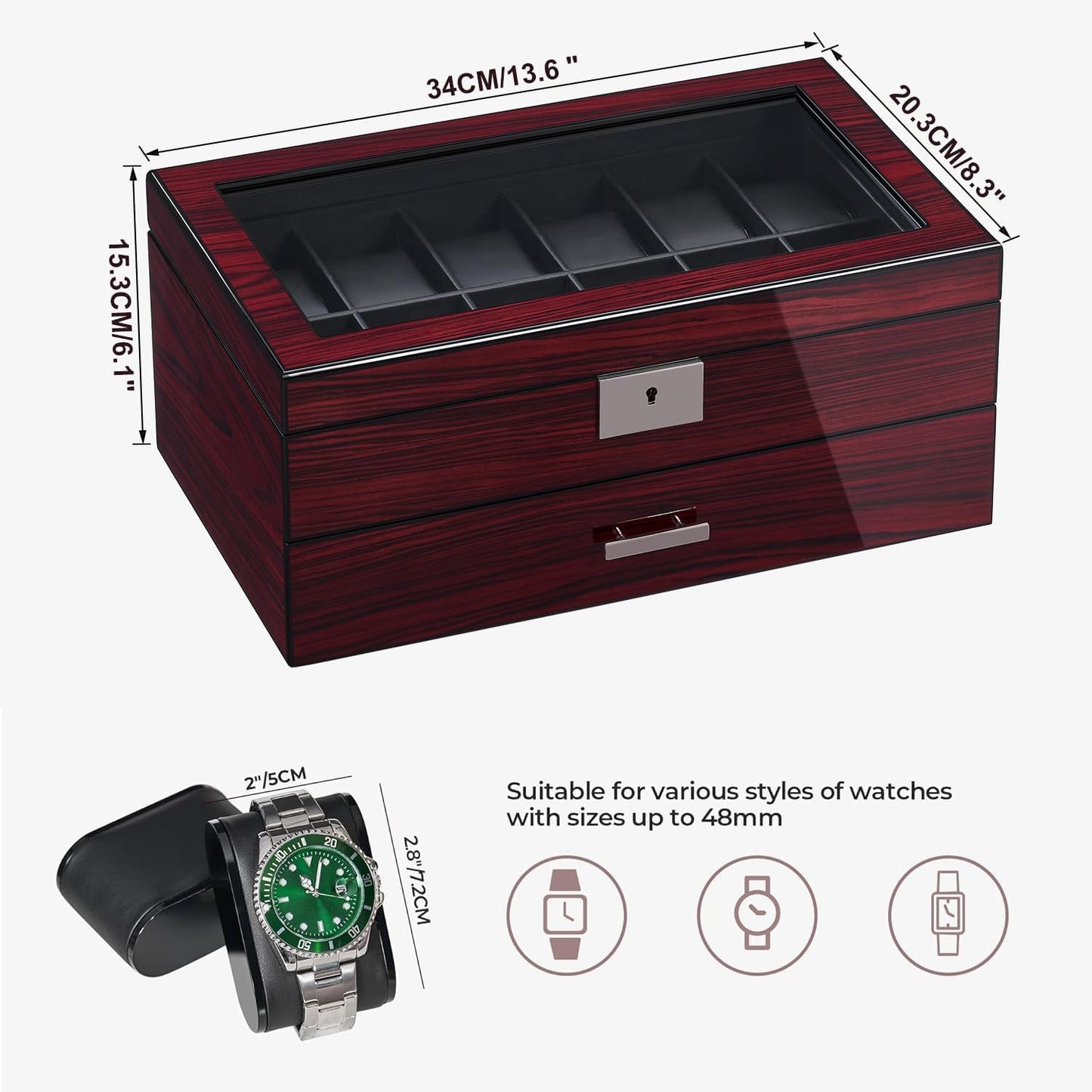 ANWBROAD Watch Box for Men, 12 slot Watch Cases with Glass Lid, 2-Layer Wooden Watch Display Case for Jewelry and Watch Organizer for Men Women, Ideal for Gifting with a Present Box, Lockable UJWB003Y