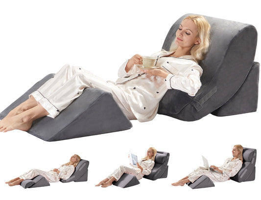 4PC Orthopedic Bed Wedge & BBL Surgery Pillow Set - Memory Foam Support for Buttocks/Back/Legs, Post Surgery Sleeping System with Adjustable Angles, Contains 2 Washable Pillowcases, Gray&White Grey