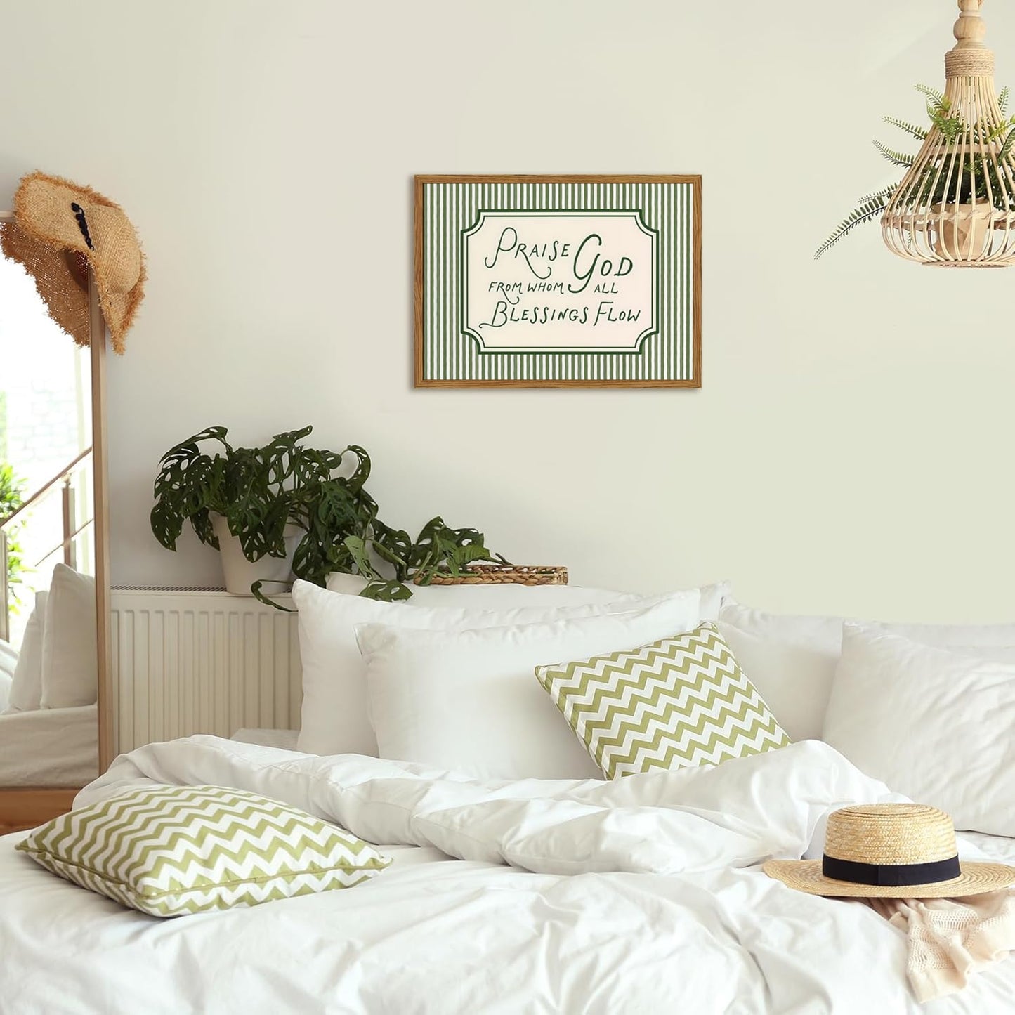 Framed Christian Scripture Wall Art, Bible Verse Pictures Wall Decor, Sage Green Striped Praise God From Whom All Blessings Flow Paintings Canvas Prints Religious Home Decor for Living Room 12x16 inch
