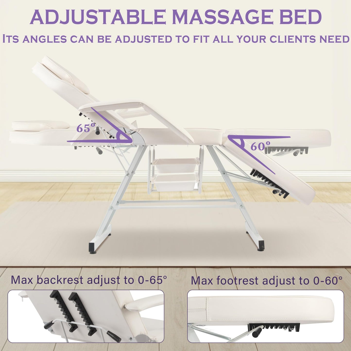 KIIUMI Tattoo Chair for Artists, Facial Esthetician Bed, Adjustable Beauty Bed with 2 Tray, Professional Piercing Chair with Hydraulic Rolling Stool, White