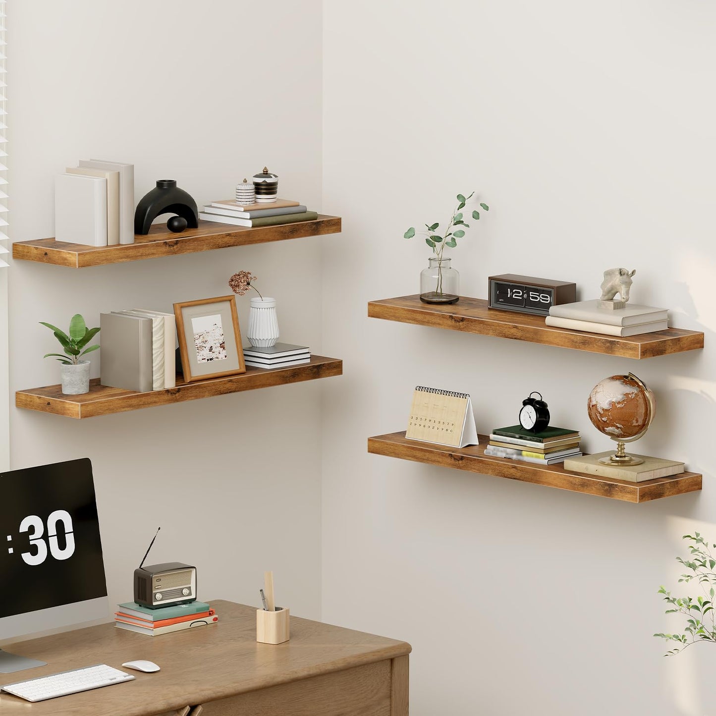 RALGEND Floating Shelves for Wall, 31.5" Long Wall Shelf Set of 4 with Invisible Brackets, 1.5" Thick Hanging Shelves Farmhouse Home Decor for Bathroom, Living Room, Bedroom, Rustic Brown 8301BJP4BF