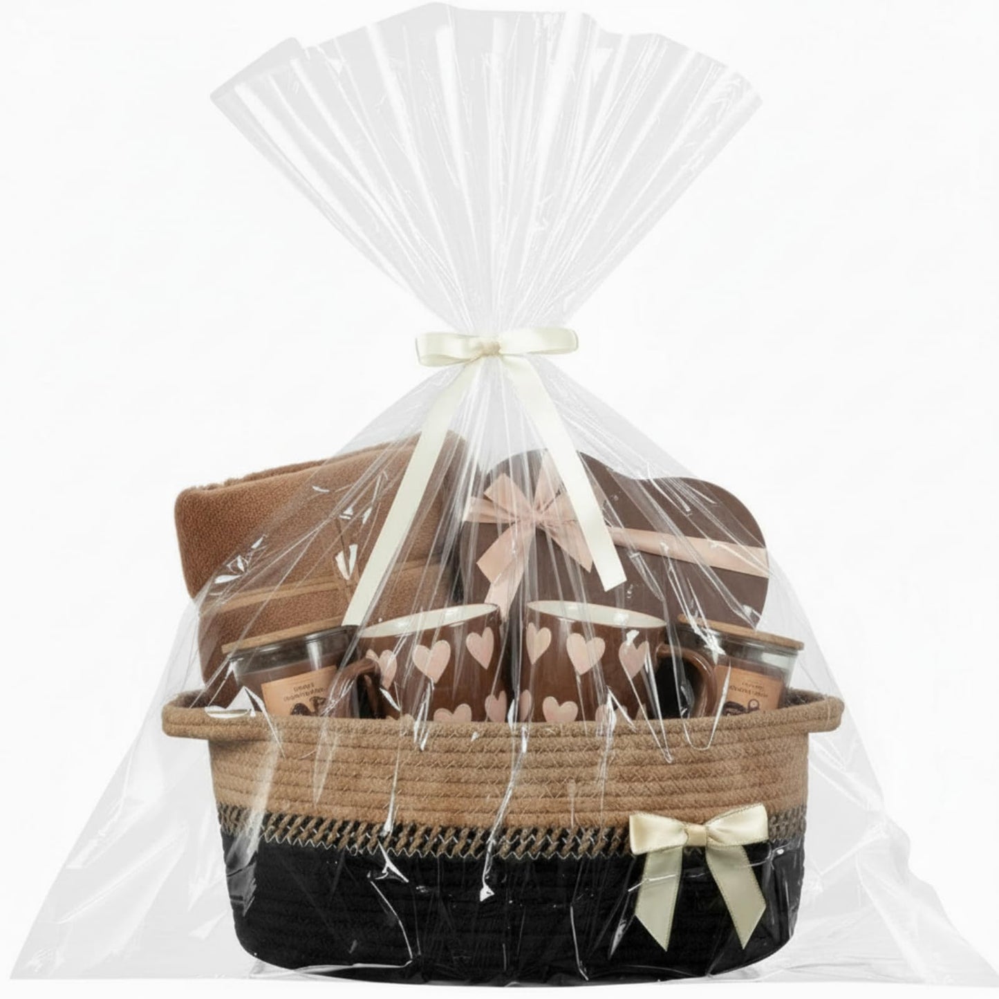 Colingmill 1 Set Woven Basket for Gift Empty with Cellophane Wrap Set 14 x 10 x 5.5 Inch, Medium Decorative Gift Basket Empty to Fill, Cotton Rope Storage Box Decor (Black Brown)