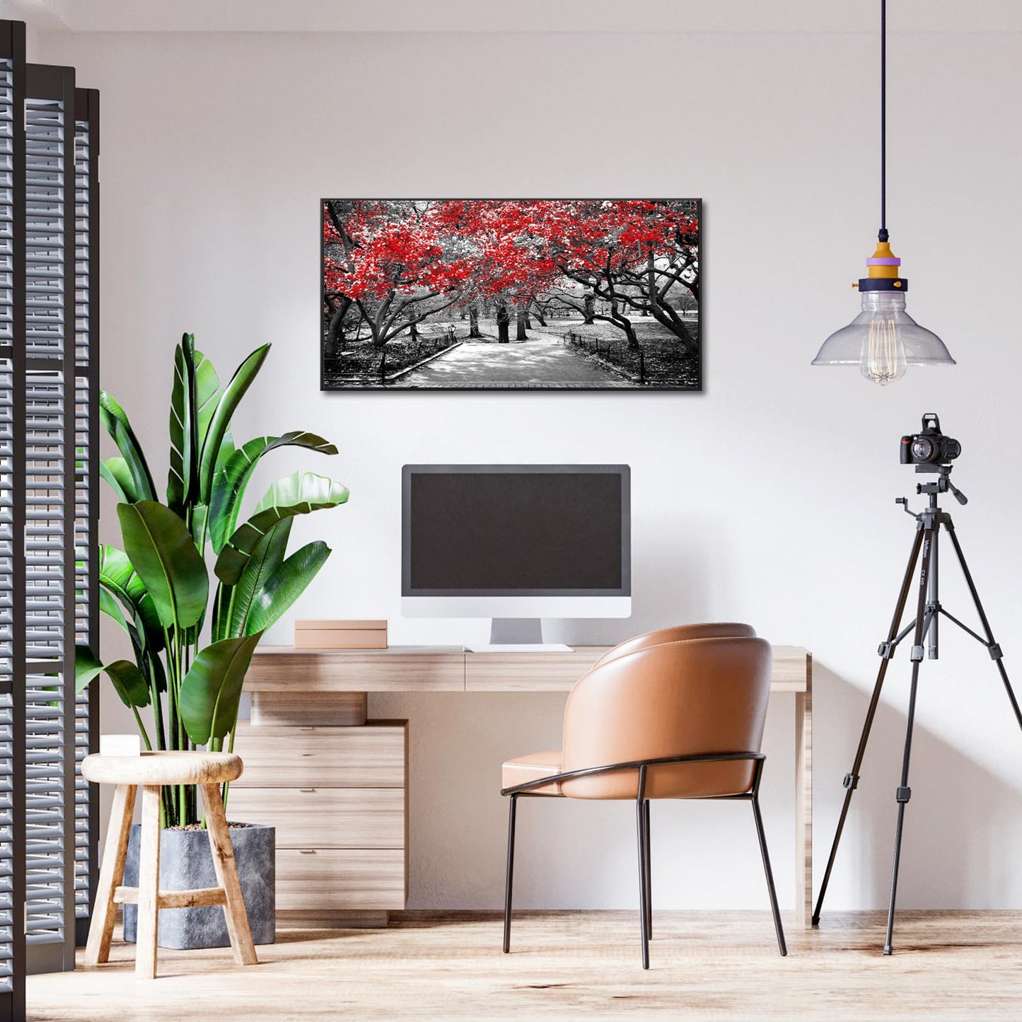 Muzenso Black and Red Trees Canvas Wall Art 20x40 Inch Surreal Black and White Landscape Scene in Central Park New York City Artwork with Black Floater Frame Modern Urban Home Decoration