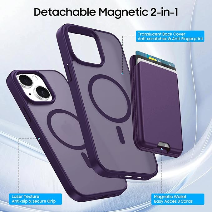 Ntwinro Magnetic for iPhone 14 Plus & iPhone 15 Plus Case (Compatible with MagSafe) with Detachable Wallet & Card Holder for 3 Cards [RFID Blocking] Military Grade Protective Slim Phone Cover, Purple