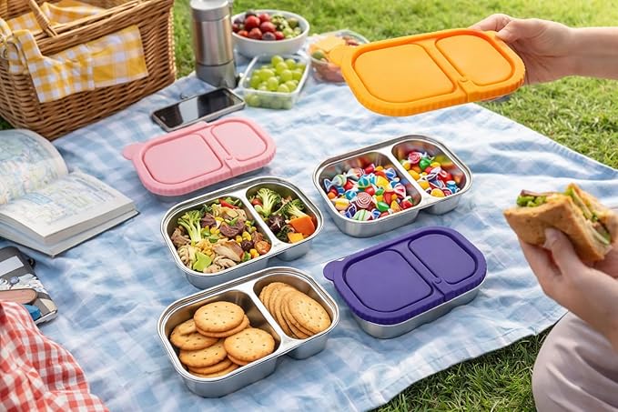 SHRONGZHI 304 Stainless Steel 2-Compartment Snack and Lunch Container with Easy-Open Silicone Lid, Built-In Utensil Clip, Leak-Proof and Stackable Design - Reusable Food Storage Box (SET B, 4 Pack)