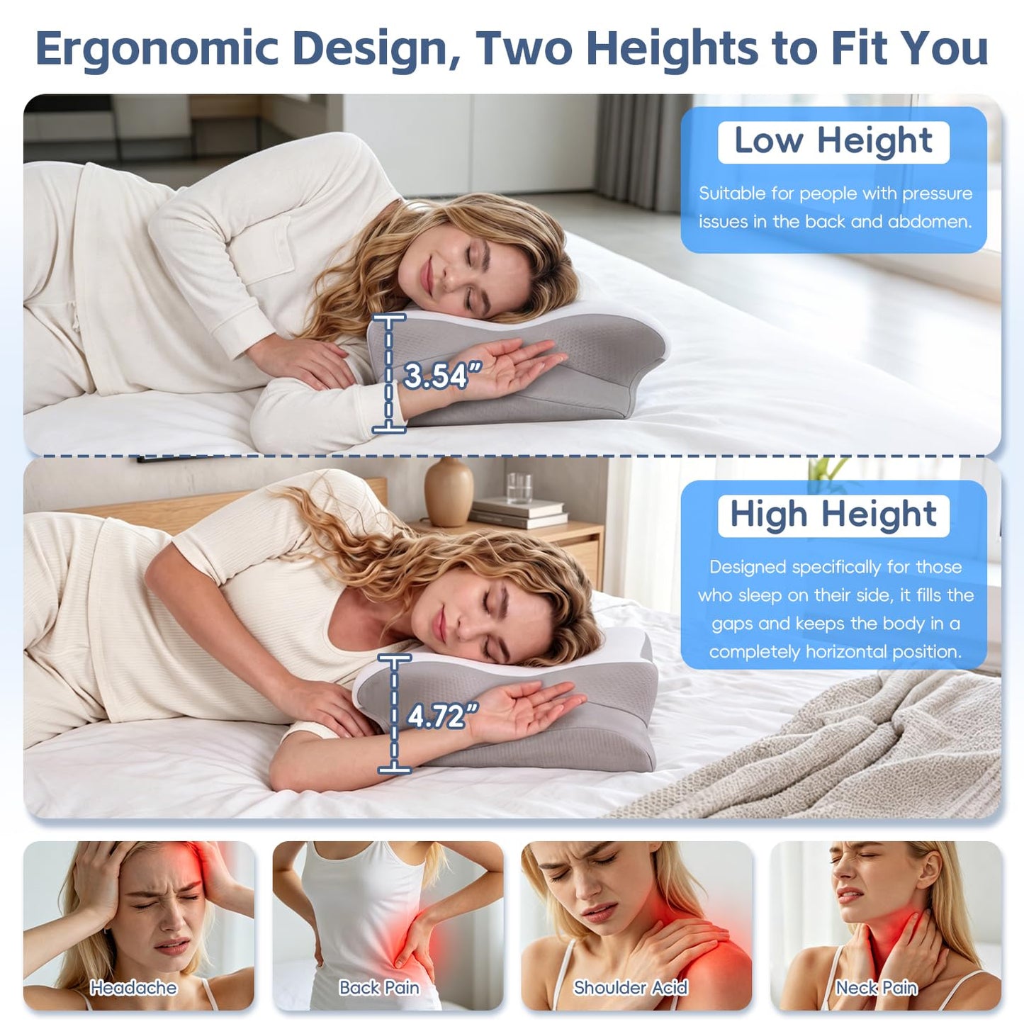 Missleep Cervical Neck Pillow, Memory Foam Pillows for Neck and Shoulder Pain Relief, 2 Heights Ergonomic Pillow with Breathable Ice Silk Cover, Neck Support Pillow for Side Sleepers White