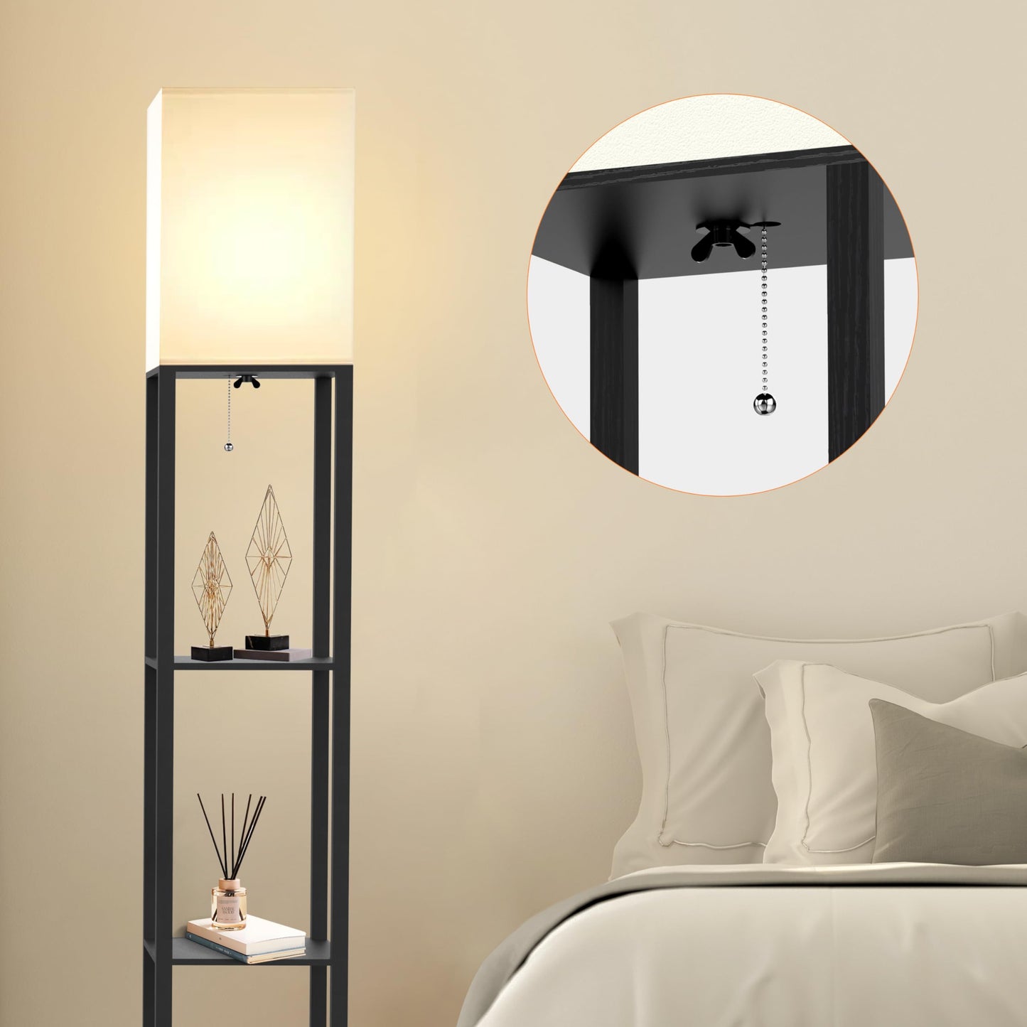 Befancy Floor Lamp with Solid Wood Shelves for Living Room, 3-Tier Shelf Standing Lamp with LED Bulb and Pull Chain Switch, Corner Display Bookshelf Lamp for Living Room and Bedroom(Black)