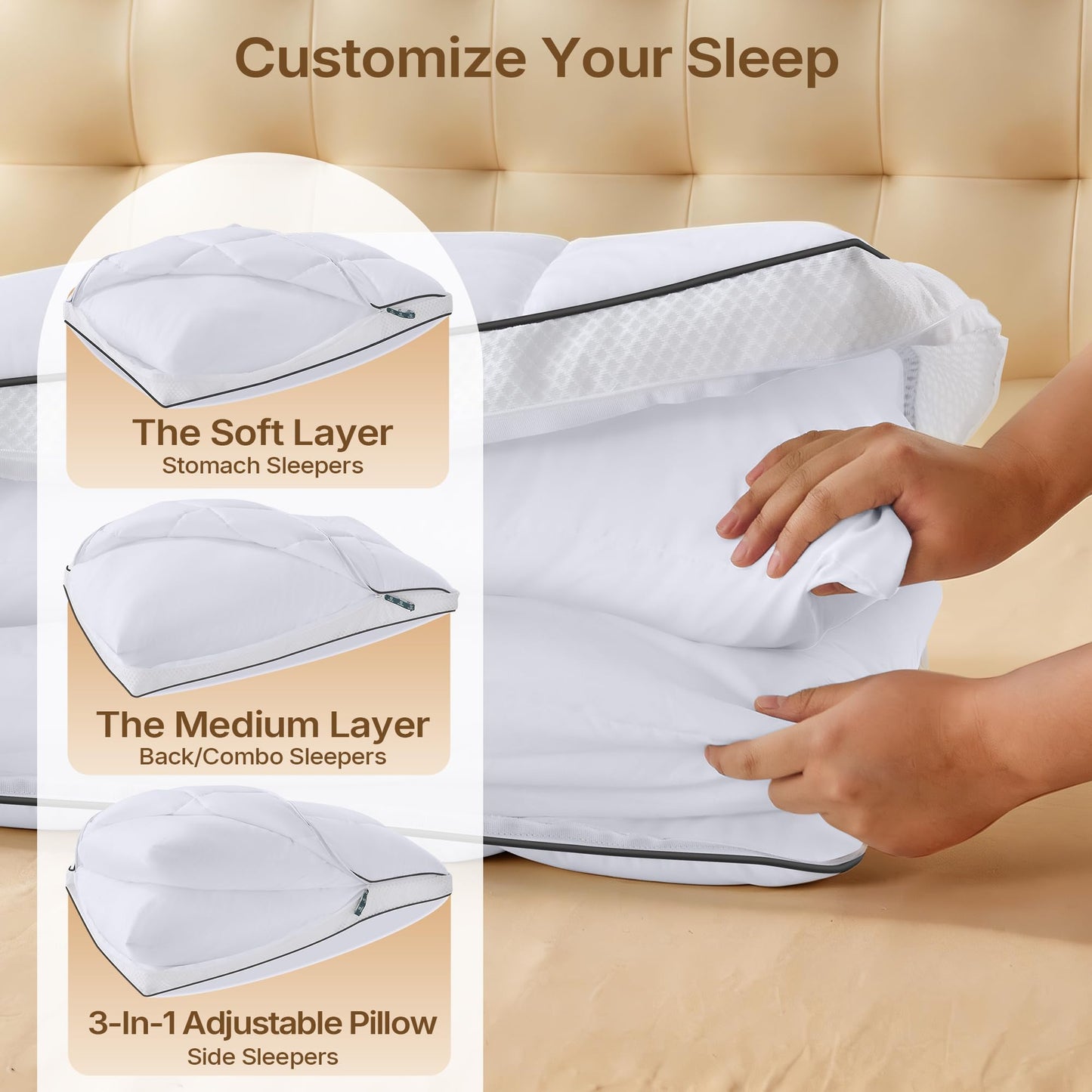 SurChic Luxury Adjustable Pillows Queen Size Set of 2 for Side Sleepers, Dual Layer Adjust Height Soft Firm Cooling Bed Pillow for Back, Stomach or Side Sleepers - Hotel Collection