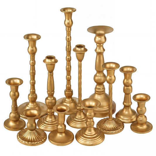 12 Pcs Gold Vintage Taper Candlestick Holders Set for Table Centerpiece Assorted Metal Candle Holder in Different Type Antique Candle Sticks for Wedding Dining Room Fireplace Mantel Home Decor