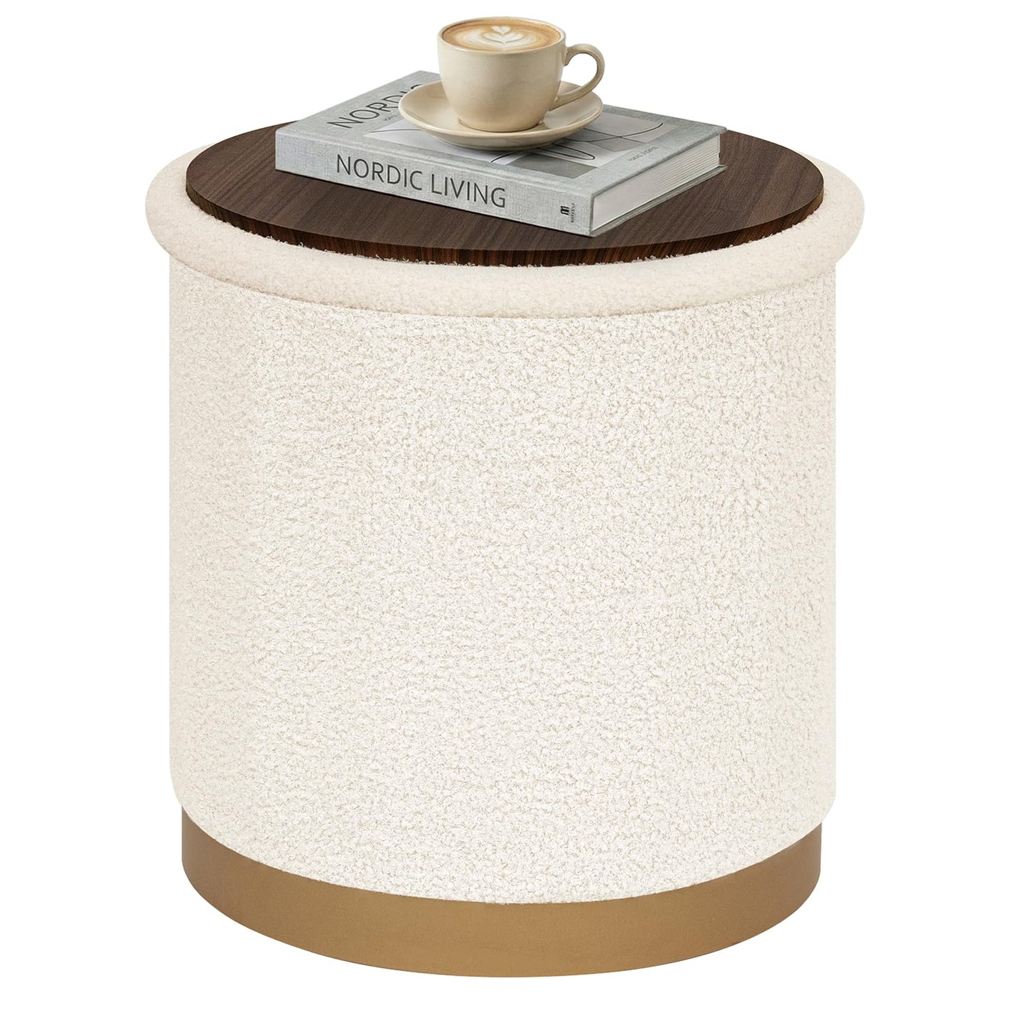 PINPLUS Large Round White Boucle Storage Ottoman, 16.7"x16.7"x17.7" – Textured Teddy Ottoman with Hidden Storage, Modern Coffee Table for Living Room, 250 LBS Capacity