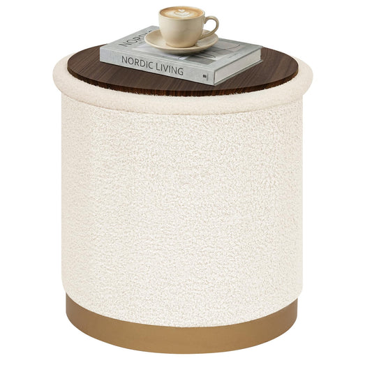 PINPLUS Large Round White Boucle Storage Ottoman, 16.7"x16.7"x17.7" – Textured Teddy Ottoman with Hidden Storage, Modern Coffee Table for Living Room, 250 LBS Capacity