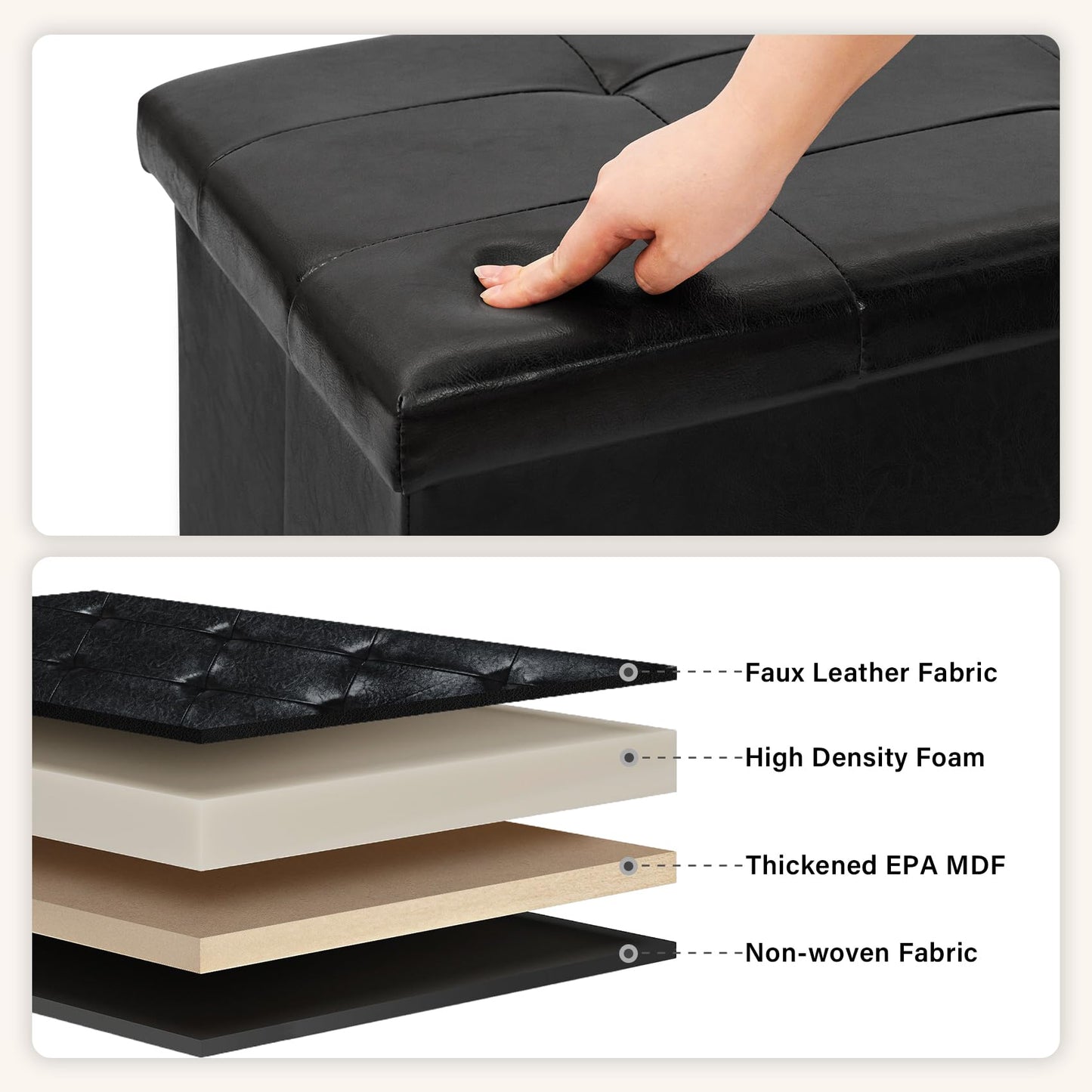 PINPLUS Folding Storage Ottoman Bench, Black Faux Leather Long Ottoman Chest, Footrest Seat, Blanket Storage for Living Room Bedroom Office Hallway, 43.3"x15"x15"