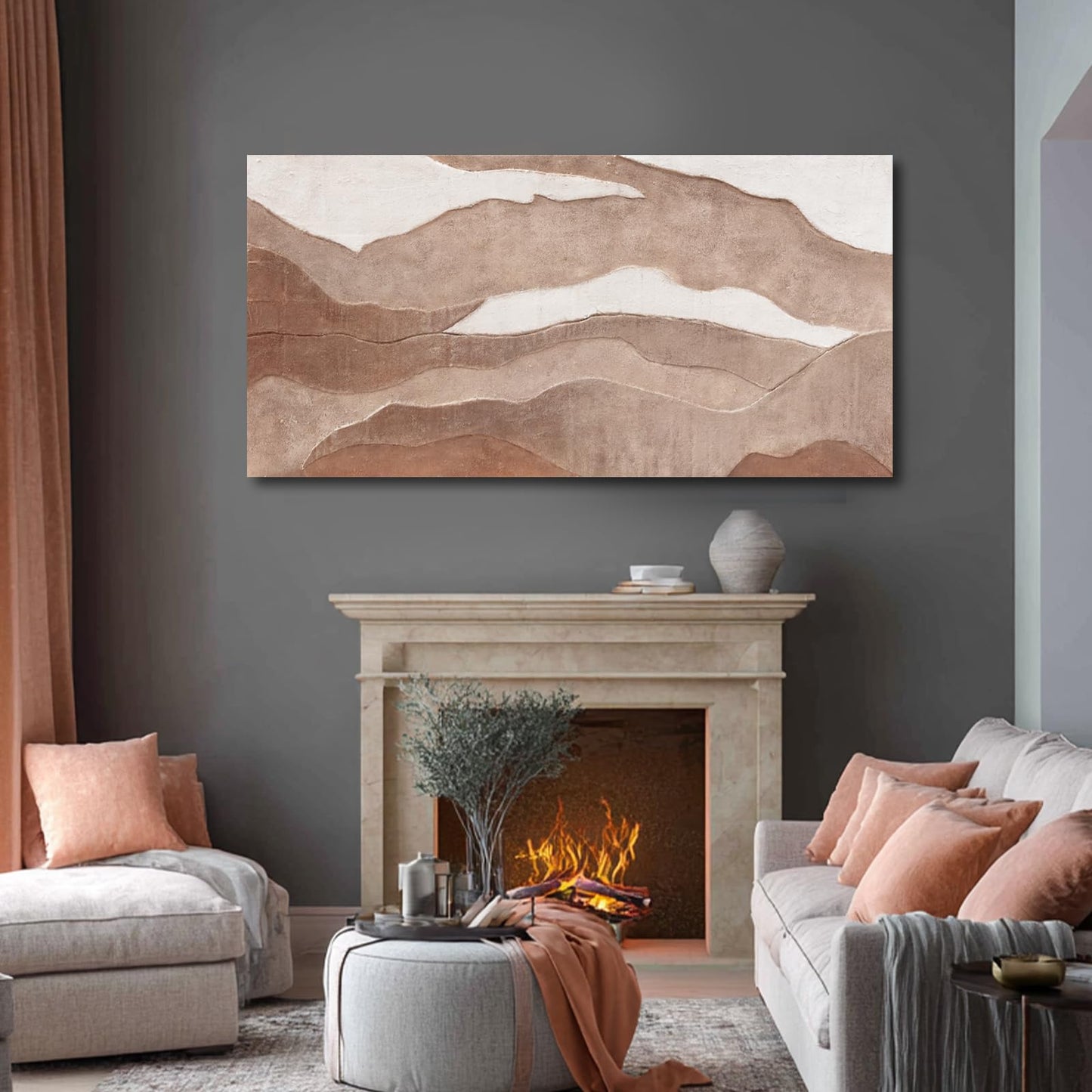 YLLTIEM Brown Abstract Wall Art 24x48 Inch, Hand Painted Textured Canvas Painting, Earth Tone Landscape Wall Decor for Living Room, Bedroom, Fireplace, Office