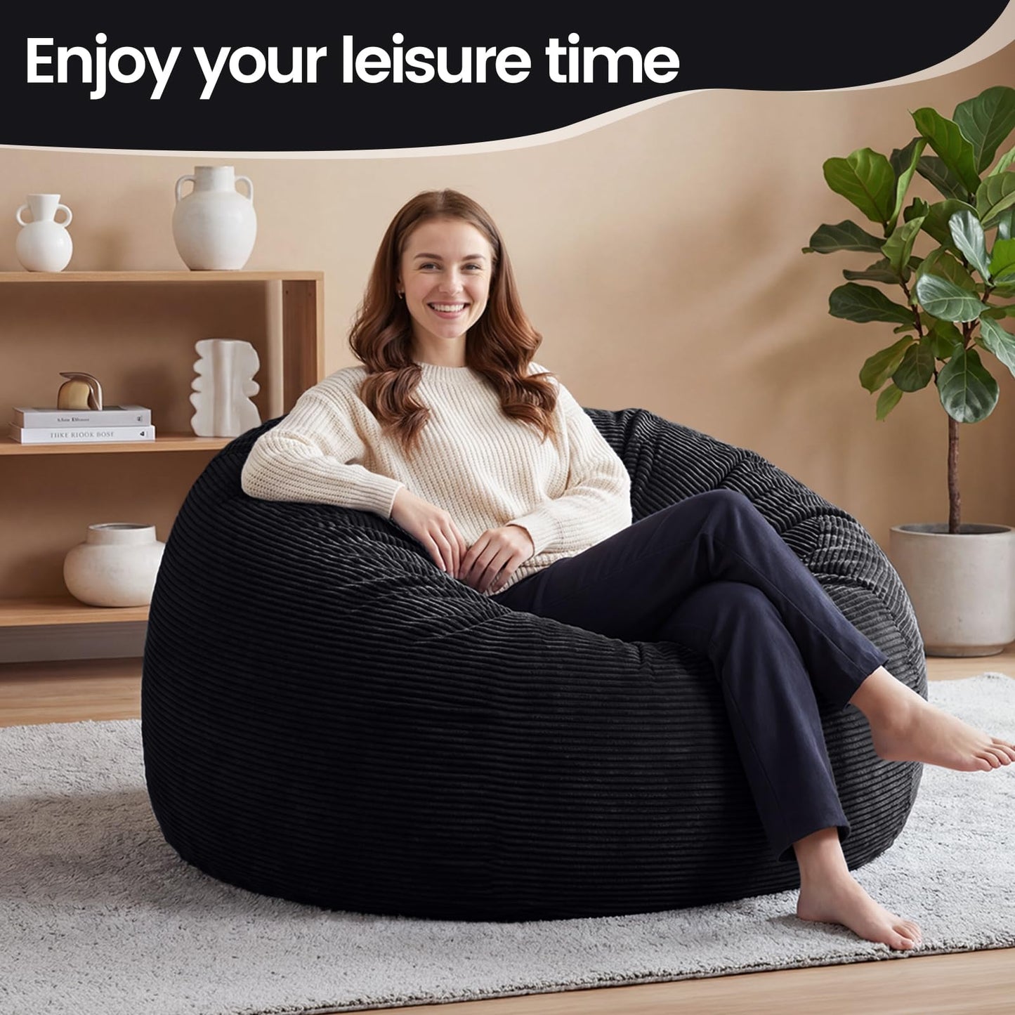 Yagamo Large Bean Bag Chairs for Adults, 4FT Memory Foam Bean Bag, Bean Bag Chairs with Removable Striped Plush Cover, Cozy Beanbags for Living Room Bedroom Dorm and Office- Black