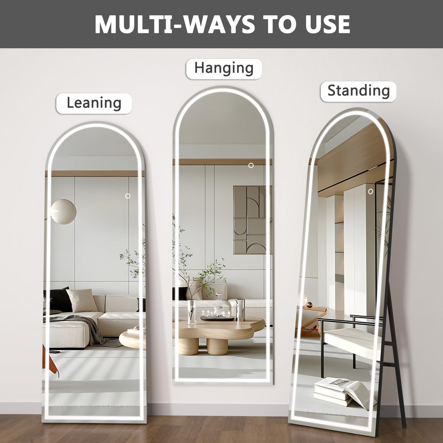 Hasipu 95" X 40" Full Length Mirror with Lights, Aluminum Frame Arch Led Mirror Full Length and 3 Colors Temperatures & Brightness Adjustable