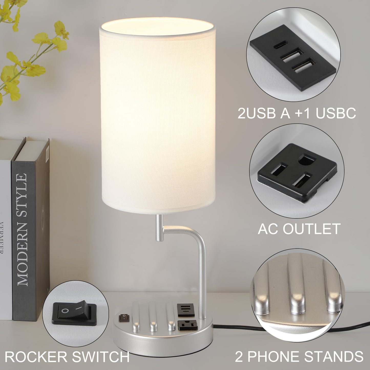 Dreamholder Table Lamp with 3 USB Charging Ports, Modern Desk Lamp with AC Outlet and Phone Stands, Perfect Bedside Lamp for Bedroom, Living Room, Office (Pack of 2), Silver