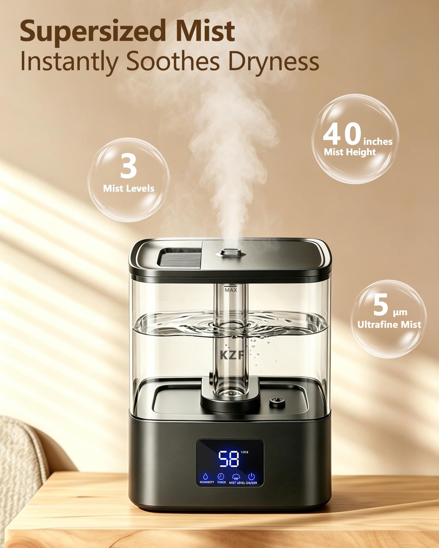 KZF 4L Top Fill Humidifiers for Bedroom & 40H Runtime - Cool Mist Humidifier, 3 Mist Levels, 8H Timer, Essential Oil Tray, Humidity Display, Quiet for Baby, Plants, Large Room (Black, 4L)