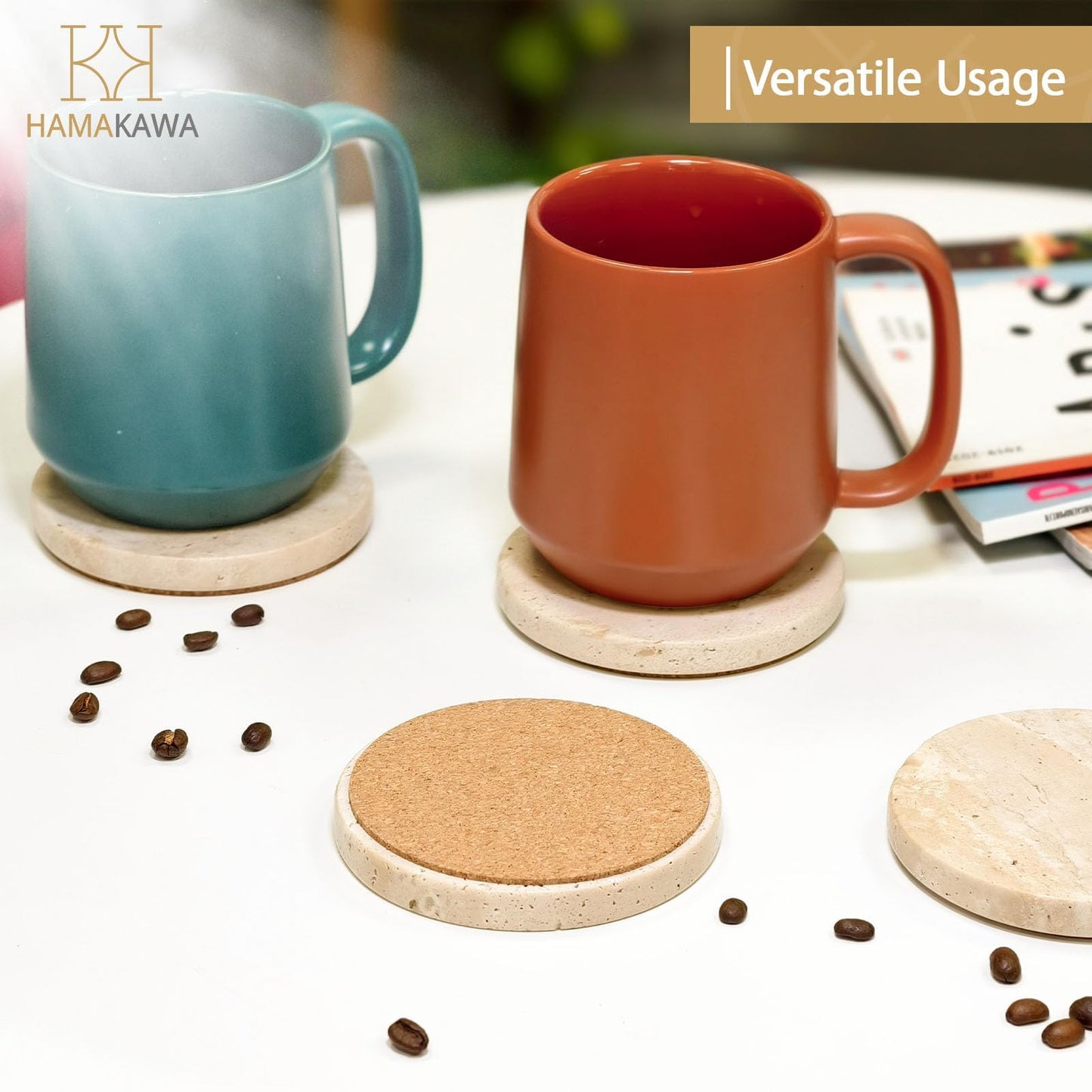 HAMAKAWA Turkish Natural Marble Coasters Set of 4, Round Travertine Coasters 4 inch, Beige Stone Drink Coaster for Home Decor, Coffee Table, Office