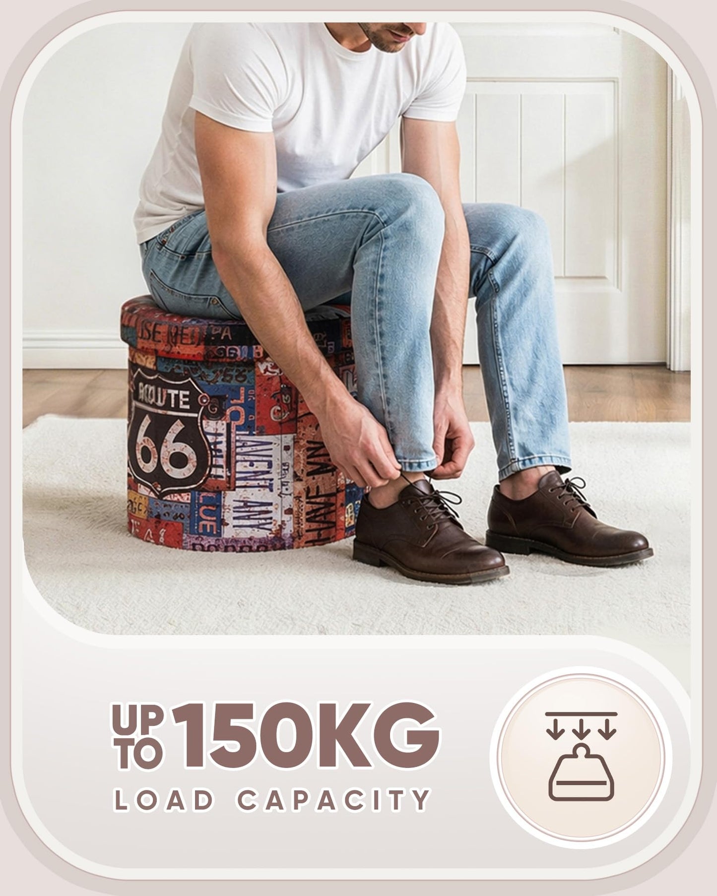 B FSOBEIIALEO Folding Storage Ottoman Round, Faux Leather Foot Rest Seat, Storage Organizer Chest 15" (Route 66 Barrel)