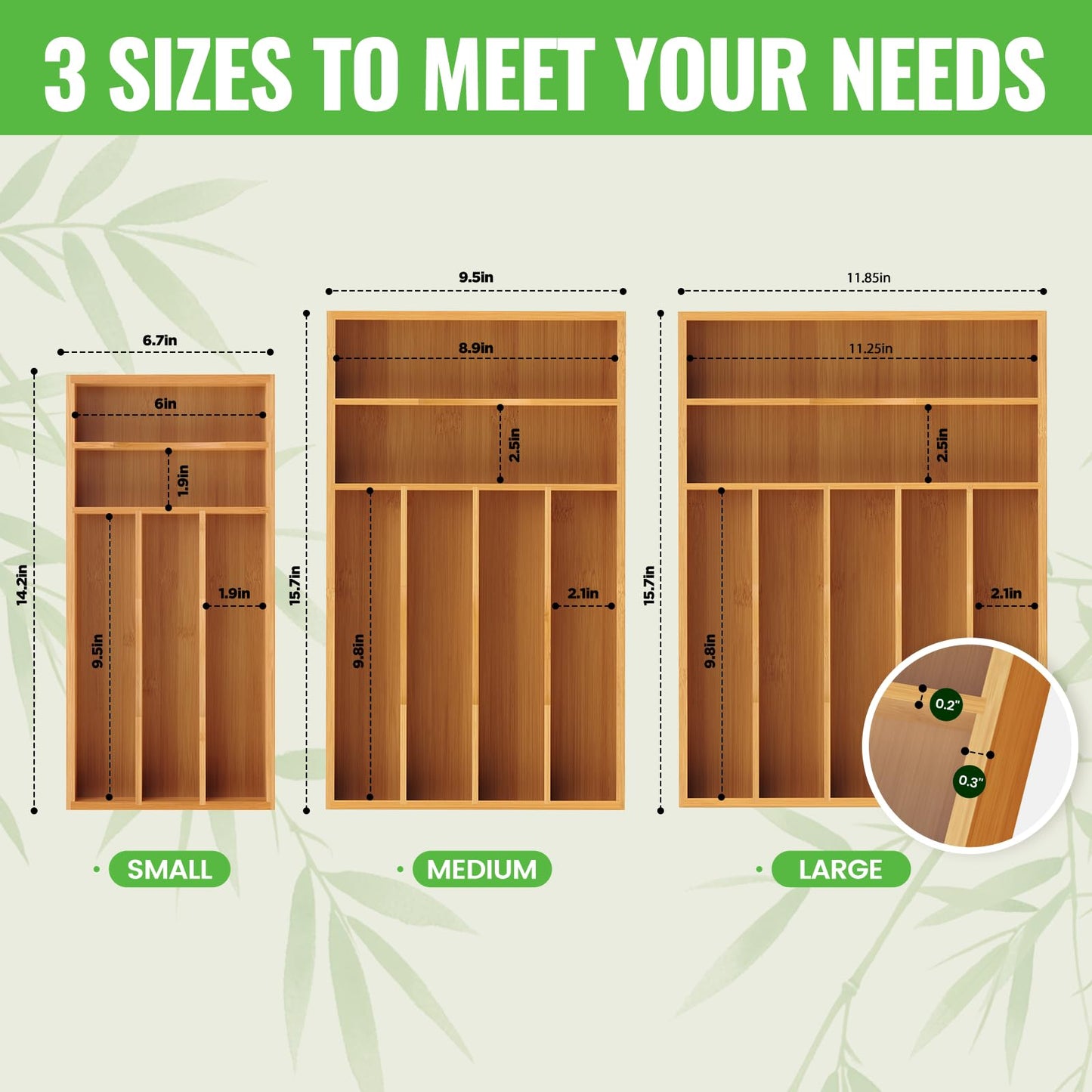 Bayting Bamboo Silverware Organizer, Bamboo Kitchen Drawer Cutlery Organizer, Utensil Holder, Flatware Organizer Tray (15.8"x9.5"x1.6")