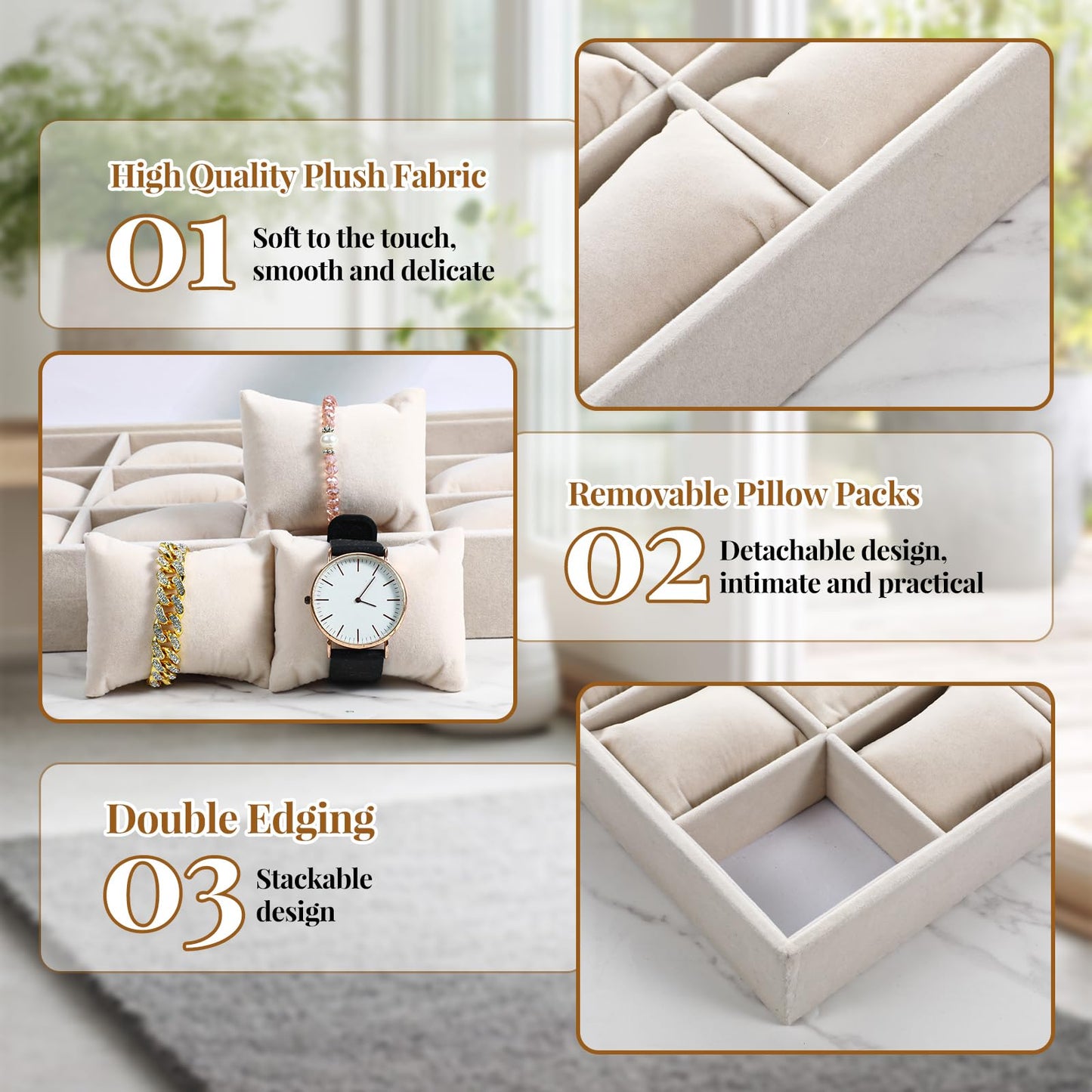 Nodaaiie 2 Pcs Beige Velvet Jewelry Organizer Watch Tray Box 12 Grid Stackable Bracelet Organizer with Adjustable Pillows for Men Women, Home Store Show