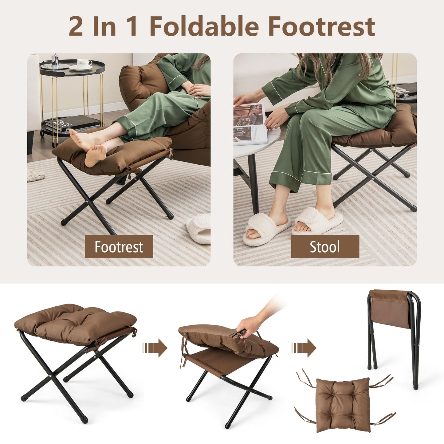 Giantex Lazy Chair with Ottoman, Accent Sofa Chair with Folding Footrest, Side Storage Pocket, Upholstered Leisure Lounge Armchair with Stool for Bedroom, Living Room, Office, Brown
