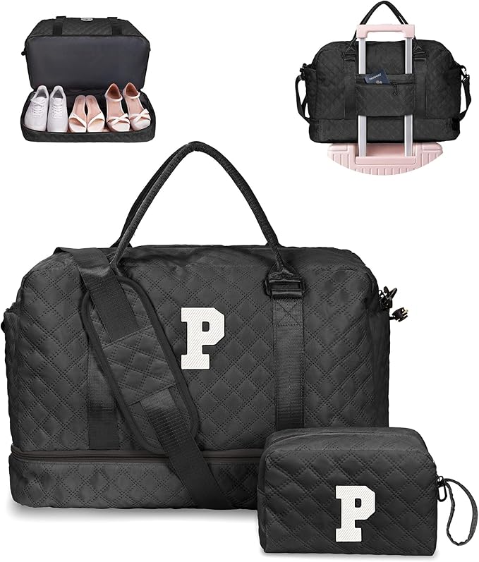 Vogewood Teen Girl Gifts Trendy Stuff - Personalized Initial Duffle Bag with Shoe Compartment, Letter Travel Bag, Purple, 12x7x2 inches