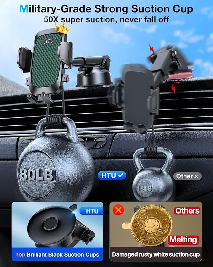 HTU 𝟐𝟎𝟐𝟔 𝐔𝐩𝐠𝐫𝐚𝐝𝐞𝐝【True Military-Grade】 Car Phone Holder【Safety Certs & No Smell】 Cell Phone Holder for Car Mount for Dashboard Windshield Air Vent Long Arm Thick Case,Green