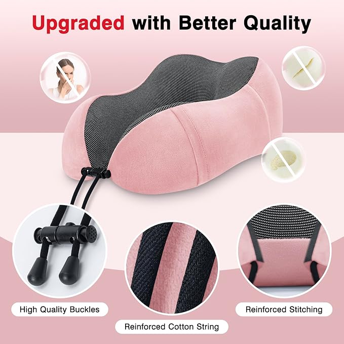 Neck Pillow Airplane-2 Pack Memory Foam Travel Pillow, Soft Support Travel Neck Pillow for Travelling, Sleeping Rest, Car, Train and Home Use (Black&Pink)