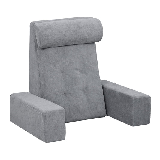 TANYOO Reading Pillow for Sitting Up in Bed Backrest Pillow with Armrests, Headrest and Side Pockets Dual Layer Back Support for Bed and Sofa Ideal for Adults Watching TV, Gaming, Recovery Dark Grey