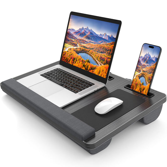 HETTHI Laptop Lap Desk, Portable Large Laptop Desk for Bed, Up to 17 Inch Lap Pad Tray with Wrist Rest, Mouse Pad, Tablet Phone Slot, Portable Handle, Cushion (Black)
