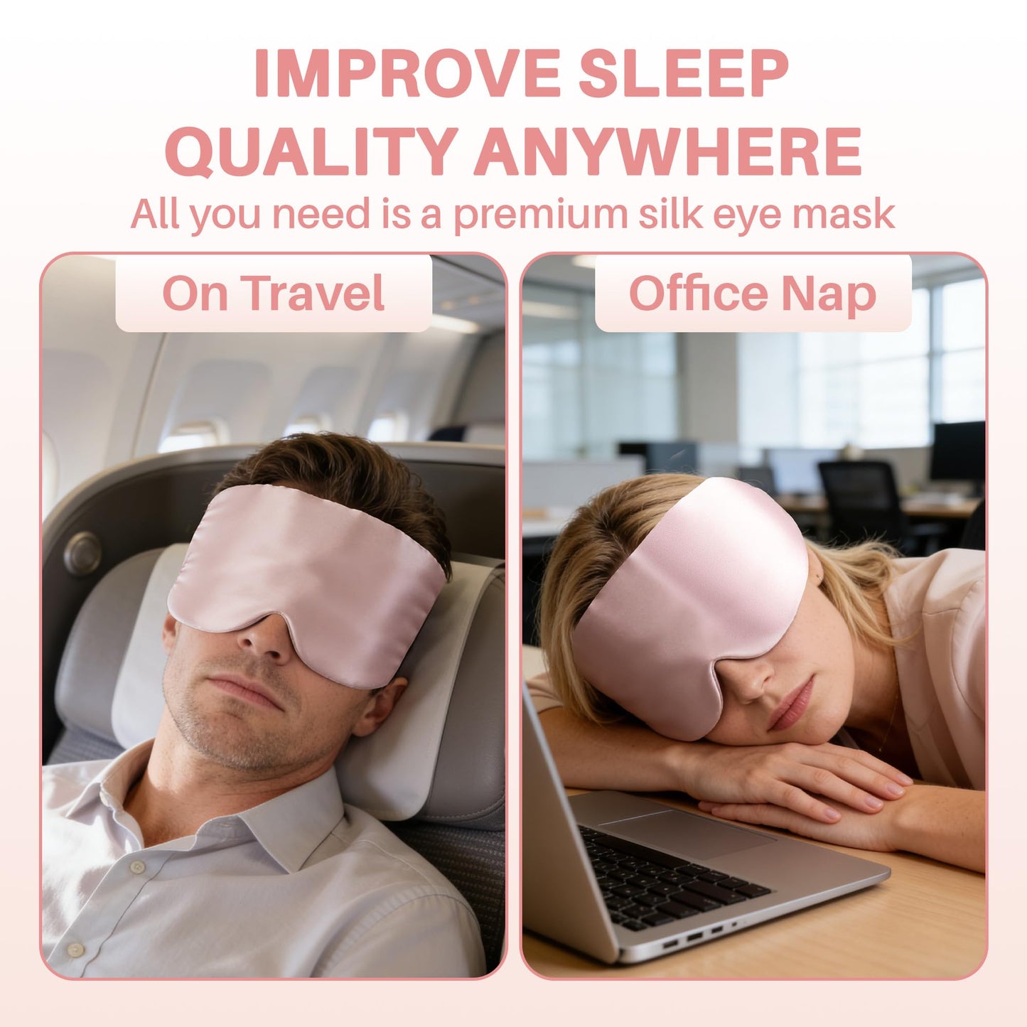 100% Natural Silk Sleep Masks for Women, Mulberry Blackout Sleeping Mask for Side Sleeper, Adjustable Strap Eye Cover, Travel Rest Essentials, Fits All Head Sizes(Pink)