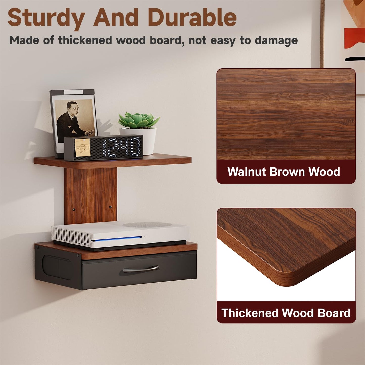 Floating TV Wall Shelf With Drawer, 2-Tier Projector Shelf Holds Up To 22Lbs, Wooden Wall Mounted Shelves For Projector/DVD Player/Game Console/Cable Box/Living Room Decor Accessories, Walnut Brown