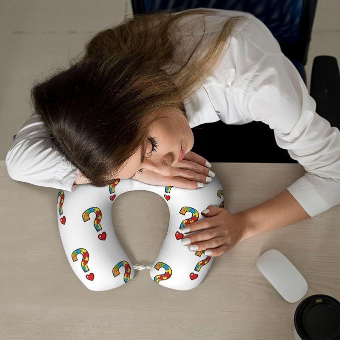 Unique Travel U Shaped Pillows Heart Autism Awareness Ribbon for Airplanes Car Flight, Comfortable Chin Head Neck Cushion Supporting, Polyester Removable Cover