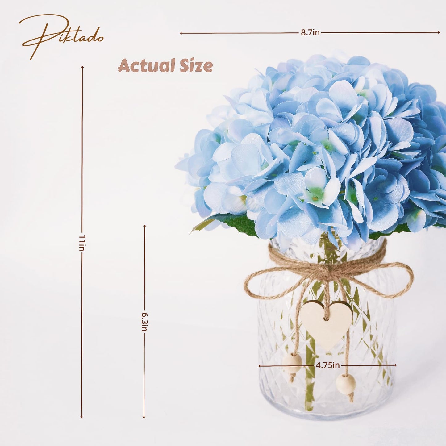 Piklado Hydrangea Artificial Flowers in Vase Silk Fake Flowers with Glass Vase Bohemian & Ins Style Faux Hydrangea with Glass Bottle Set for Home Office Bathroom Decoration (Blue)