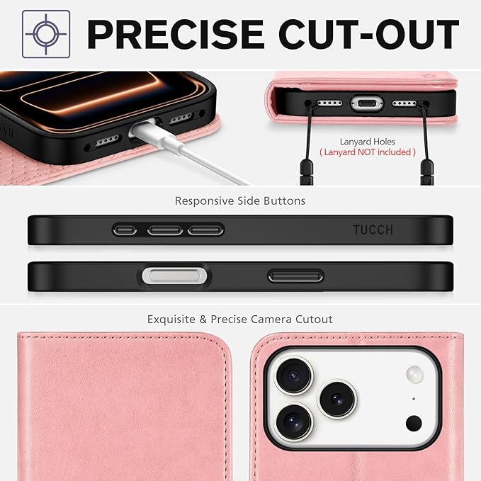 TUCCH Case Wallet for iPhone 17 Pro Max (6.9") 2025, RFID Blocking 3 Card Holders | Kickstand | PU Leather | Protective Flip Folio Cover | TPU Shockproof Interior Shell | Pink