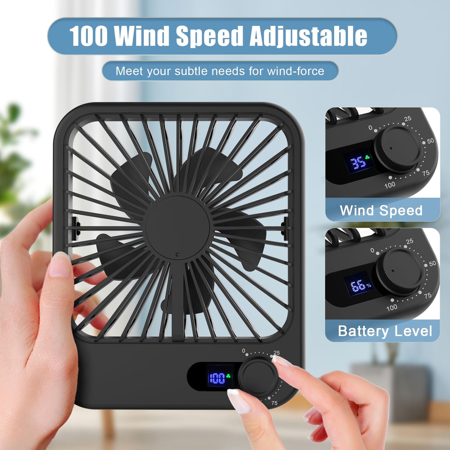 Cooperwin Small Desk Fan, 100 Speeds Personal Fan Portable Rechargeable with Battery Powered, 180°Tilt Adjustable Quiet Bedroom Fan, Home Beach Camping Travel Office Desk Accessories, Black