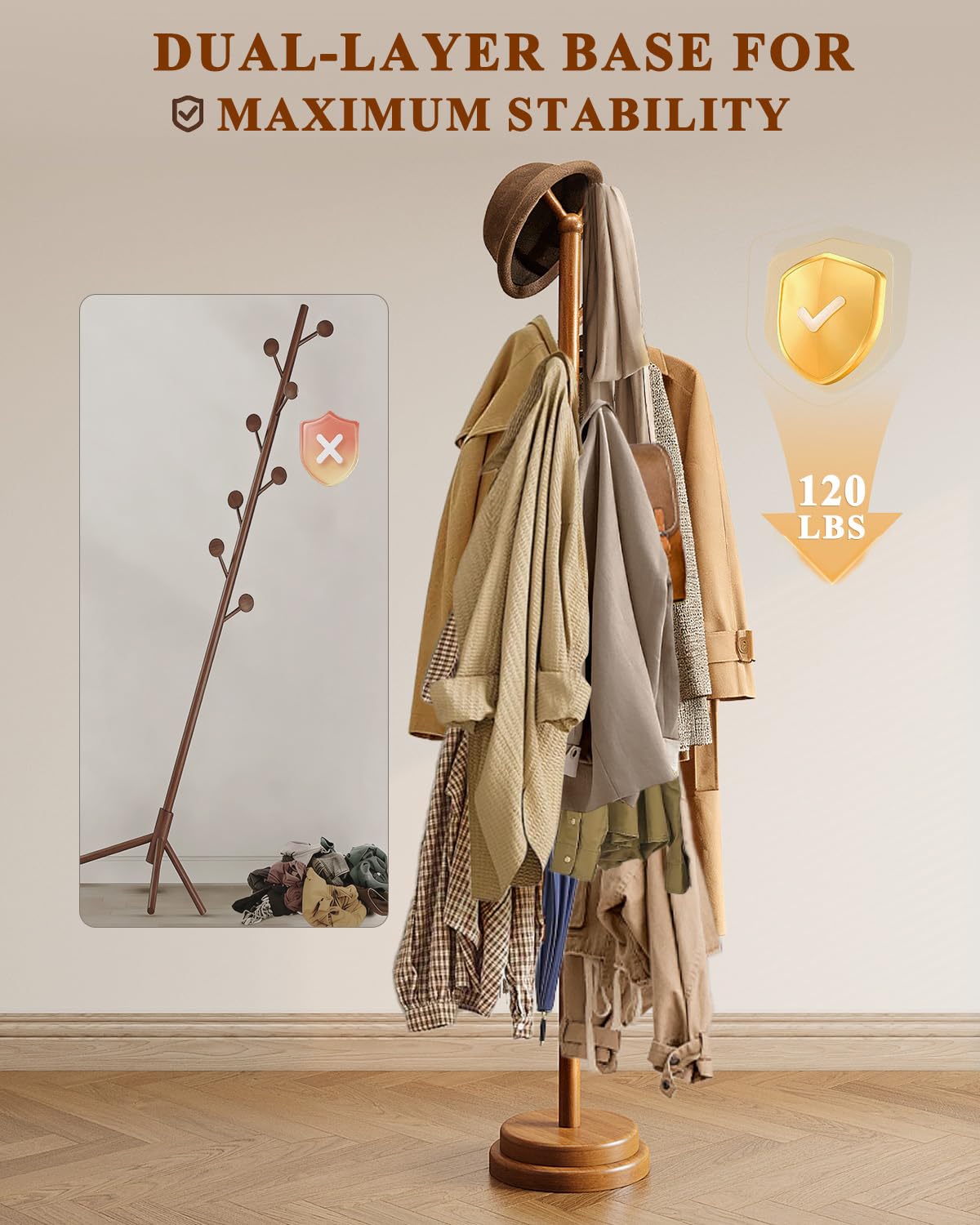 Freestanding Coat Rack, Solid Wood Coat Tree with 8 Smooth Rounded Hooks, Adjustable Height Heavy Duty Coat Rack with Dual-Layer Base, Holds Coats Hats Bags for Entryway, Bedroom, Living Room
