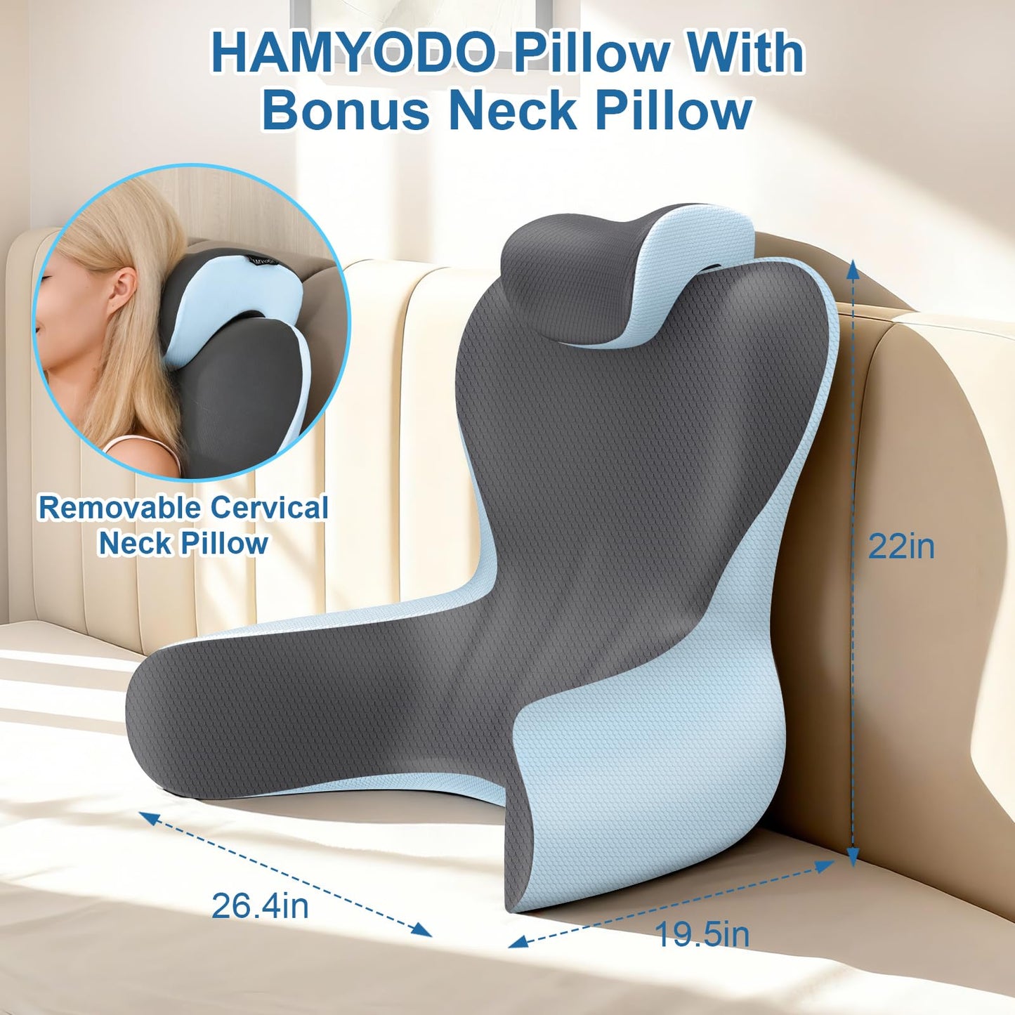 Reading Pillow for Sitting in Bed,22" H Back Support Pillow for Sitting up,Back Rest & Lumbar Support Pillows with Arms, Bed Rest Chair Cushion,Chaise Lounges Reclining,Gaming,Work,Resting(Grey&Blue)